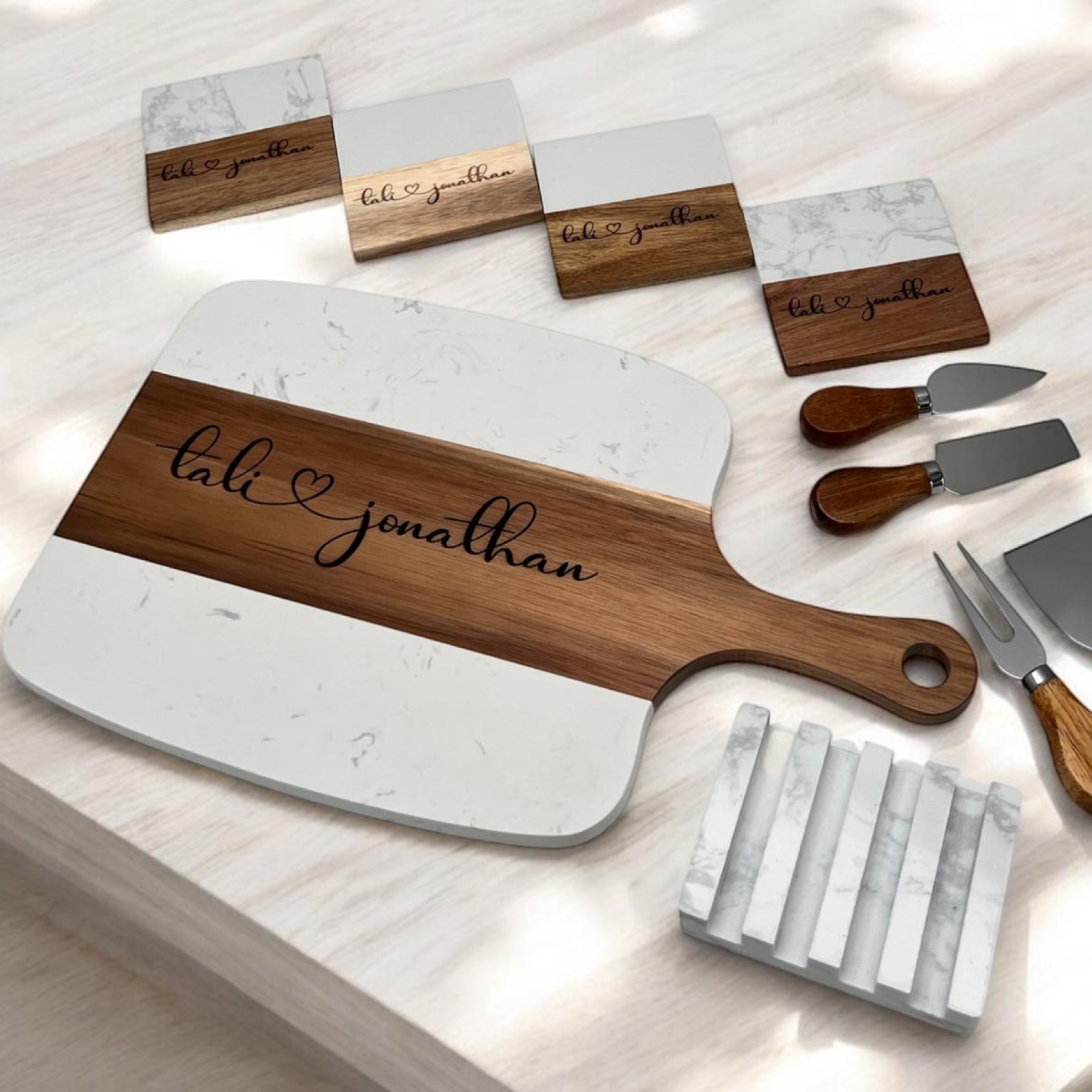 Personalized Marble Charcuterie Board with Serving Tools