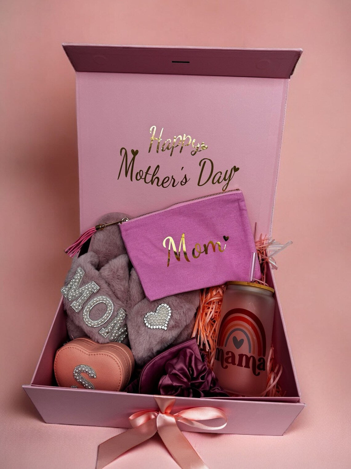 Mother's Day Gift Box Set with Slippers Jewelry Box Makeup Bag Sleeping Mask & Glass Tumbler