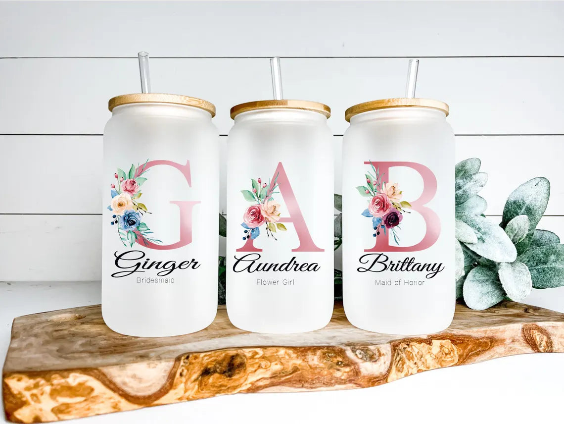 Personalized Bachelorette Bridal Party Glass Tumbler Lid Coffee Cup Gift