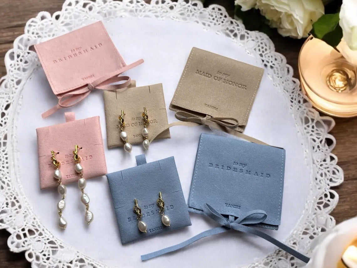 Bridesmaid Jewelry Pouch with 18k Gold Plated Pearl Knot Earrings