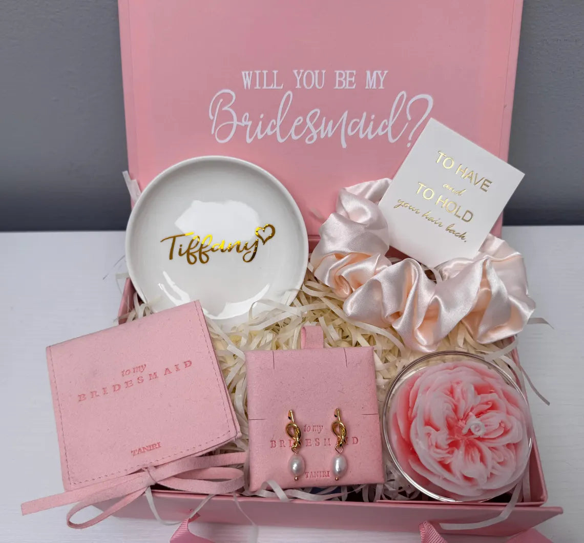 Personalized Bridesmaid Proposal Gift Box with Knot Pearl Drop Earrings