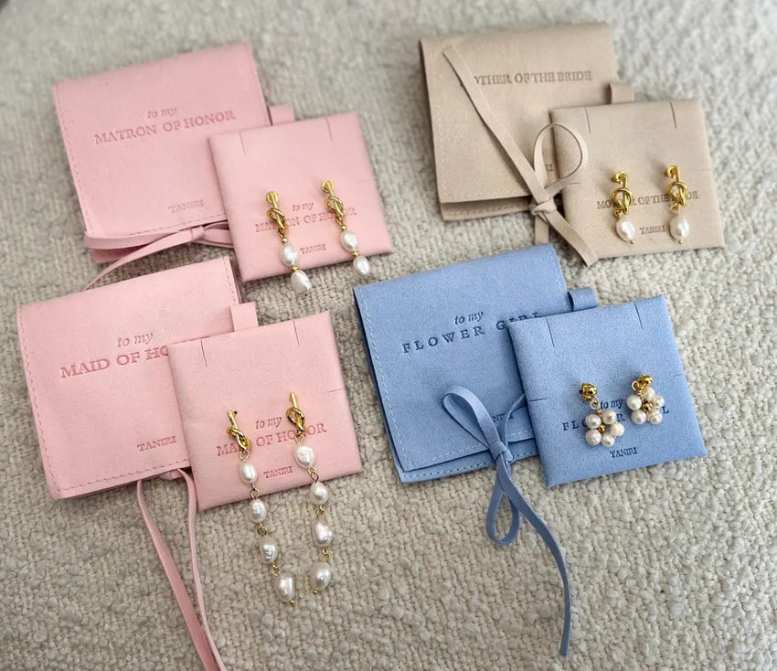 Bridesmaid Jewelry Pouch with 18k Gold Plated Pearl Knot Earrings