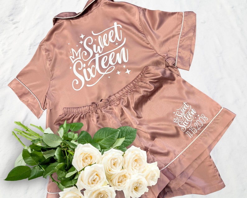 Sweet Sixteen PJs Monogram Satin Pajamas Set for Gift