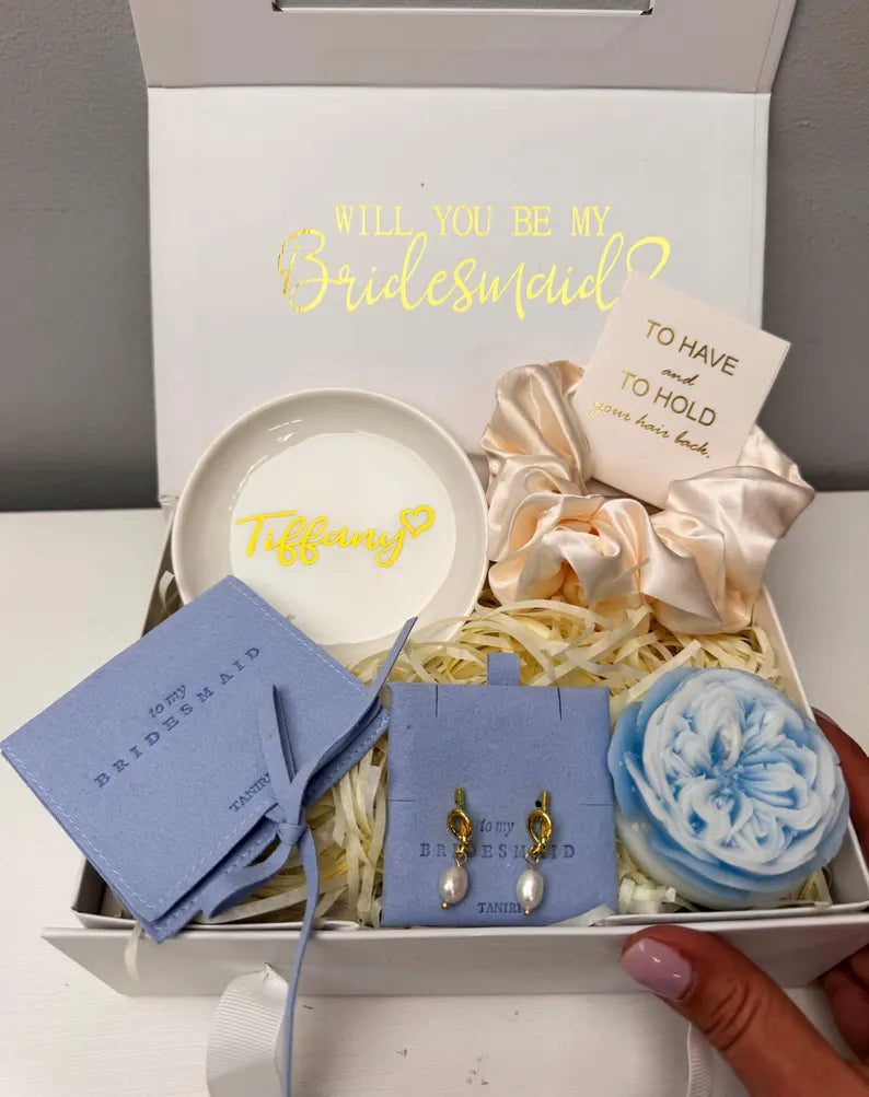 Personalized Bridesmaid Proposal Gift Box with Knot Pearl Drop Earrings