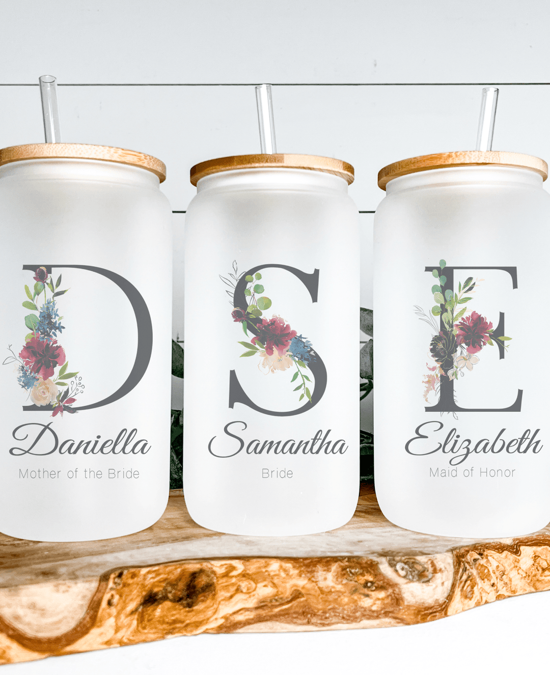 Bridesmaid Tumbler Set Bamboo Lid Custom Name Flower Glass Cup 16oz – TANIRI