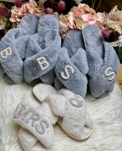 Mrs Pearls Fluffy Slippers Bride Bridal Pearl Initial Wedding Slippers ...